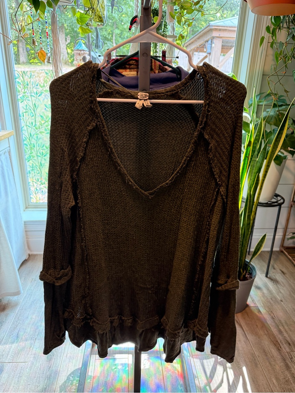 We The Free Black Distressed V-Neck Knit Sweater